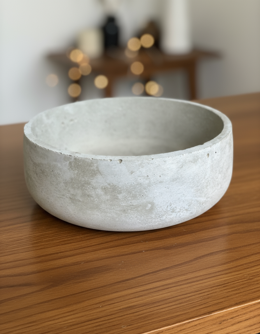 Concrete bowl on a textured surface with a blurred background