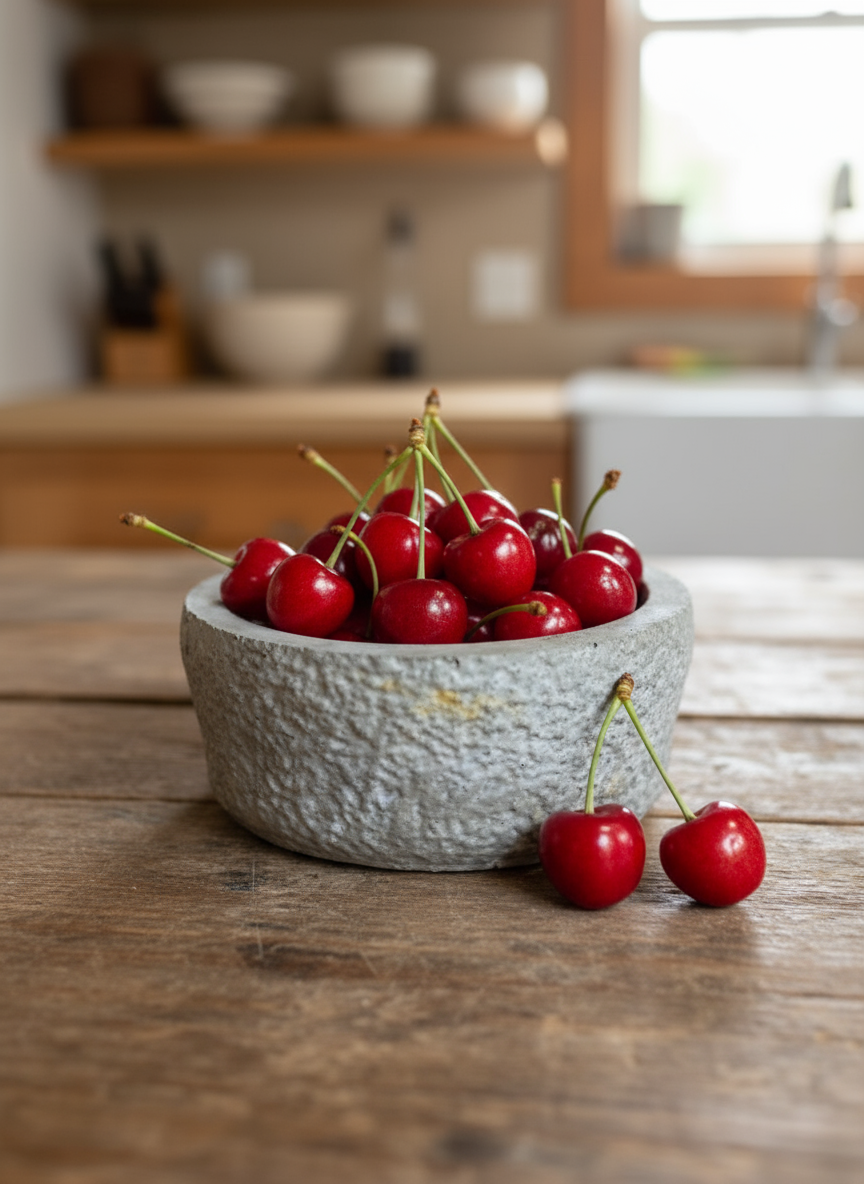 Concrete bowl on a wooden surface with a blurred background
